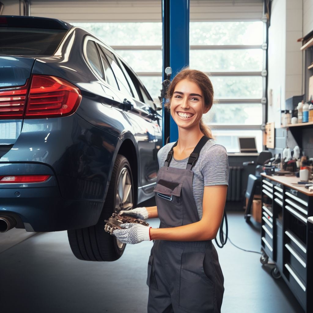 A mechanic in a clean and organized garage, smiling as they change the brake fluid in a BMW 5 Series. The car is lifted on a hydraulic lift with tools and equipment neatly arranged on a workbench. Suggested Color Palette: Shades of blue and grey with pops of red from the BMW logo.