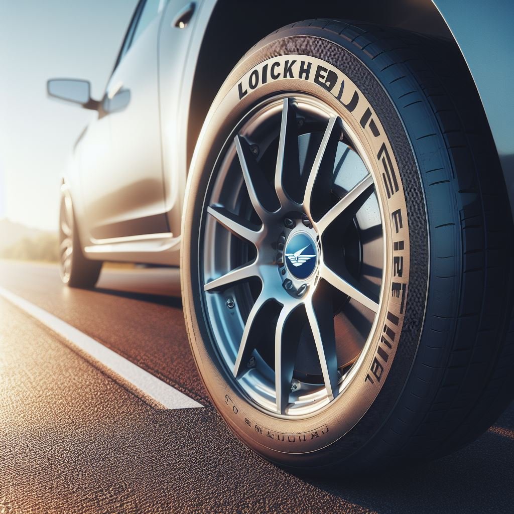 A close-up image of a car tire with the Lockheed logo on it, showcasing the importance of using high-quality brake oil for optimal brake performance. The tire is on a clean and well-maintained road, with the sunlight shining down on it, conveying a sense of safety and reliability. Suggested Color Palette: Shades of blue and silver against a bright and clean background.