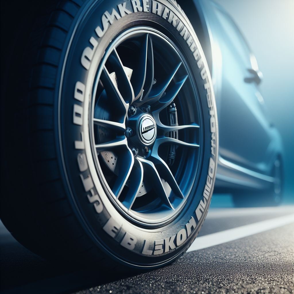 A close-up image of a car tire with the Lockheed logo on it, showcasing the importance of using high-quality brake oil for optimal brake performance. The tire is on a clean and well-maintained road, with the sunlight shining down on it, conveying a sense of safety and reliability. Suggested Color Palette: Shades of blue and silver against a bright and clean background.