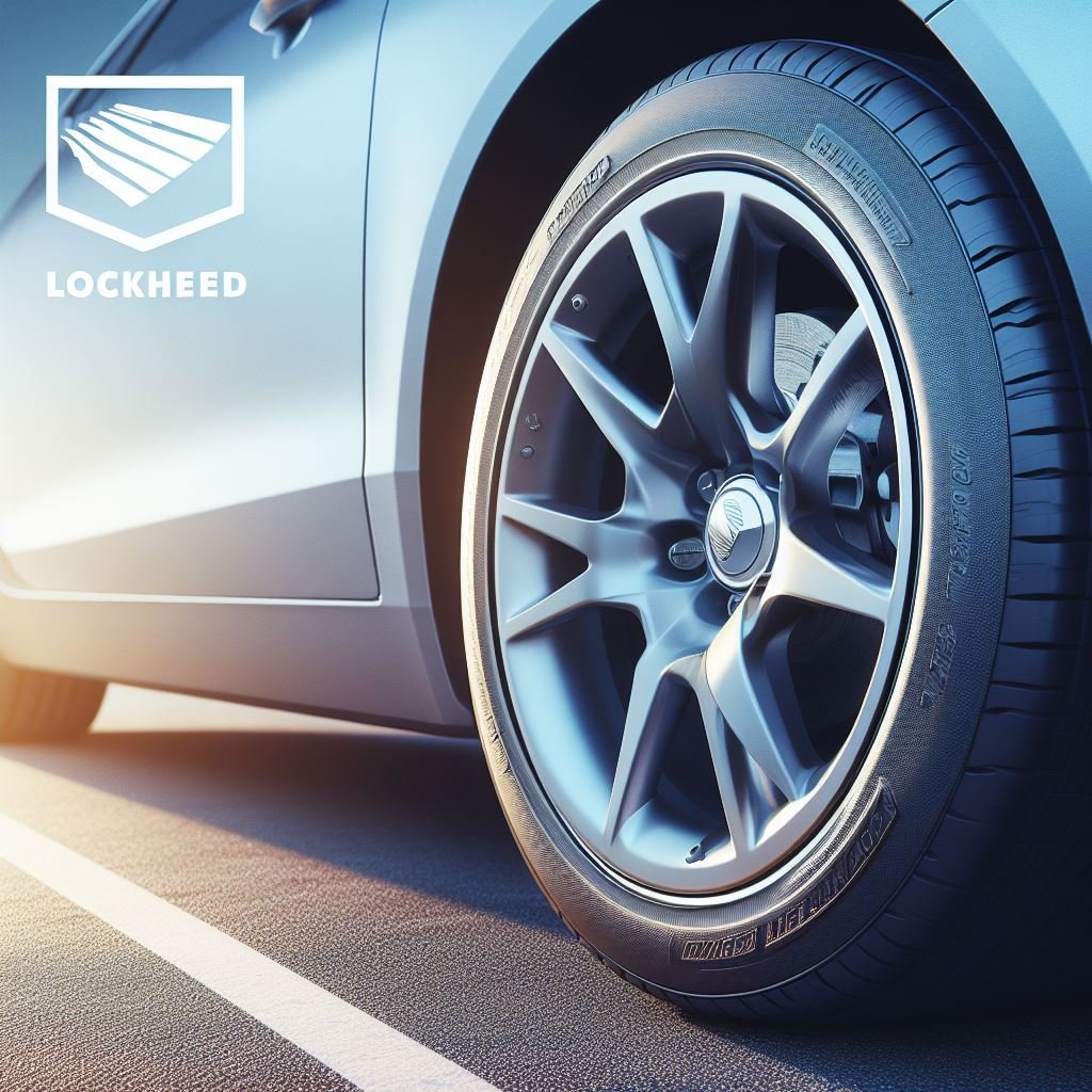 A close-up image of a car tire with the Lockheed logo on it, showcasing the importance of using high-quality brake oil for optimal brake performance. The tire is on a clean and well-maintained road, with the sunlight shining down on it, conveying a sense of safety and reliability. Suggested Color Palette: Shades of blue and silver against a bright and clean background.