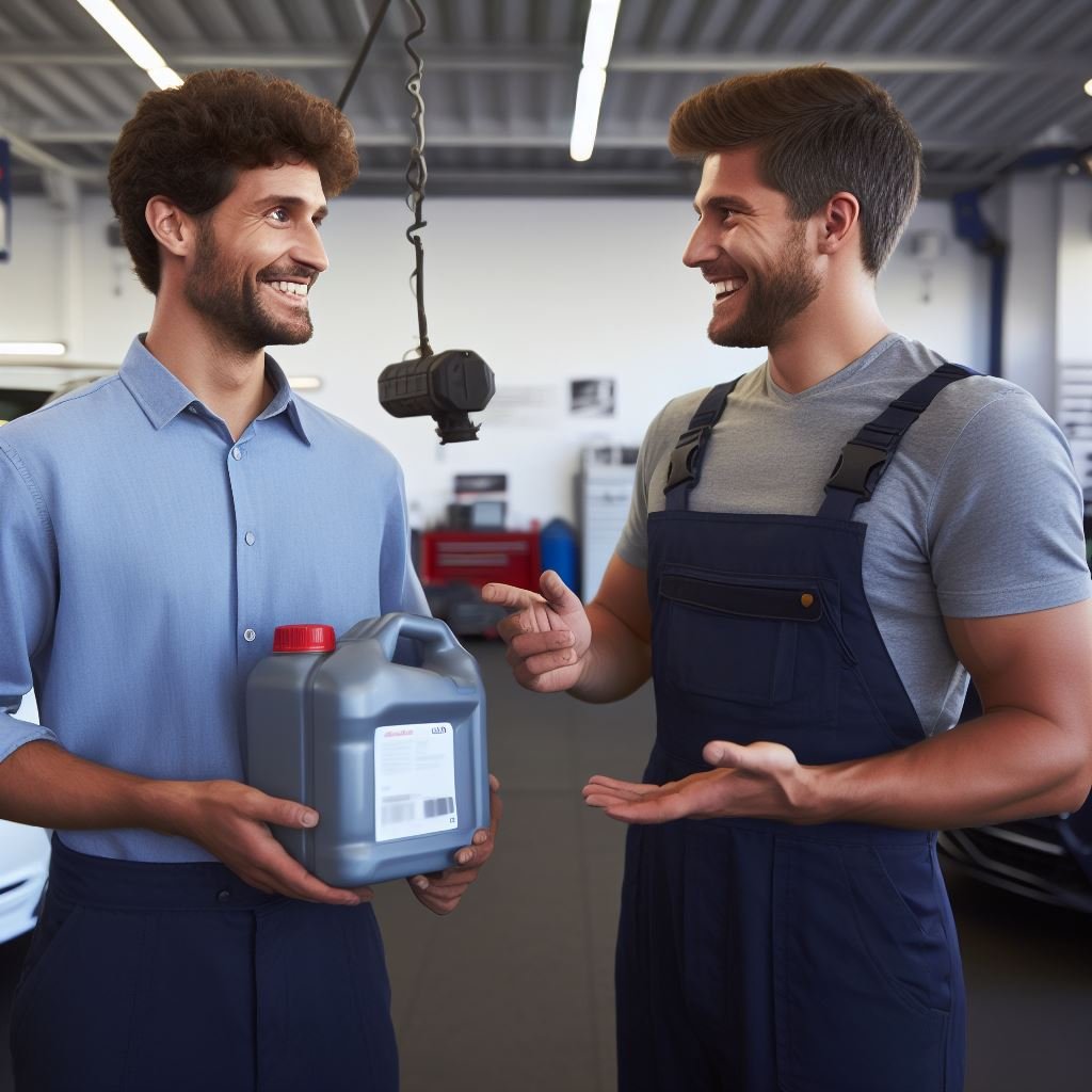 A mechanic in a garage, wearing a friendly smile and holding a brake fluid container, explaining the importance of changing Audi brake fluid to a customer. The garage is well-lit and filled with tools, giving a sense of expertise and professionalism—suggested Color Palette: Shades of blue and gray against a clean white background.