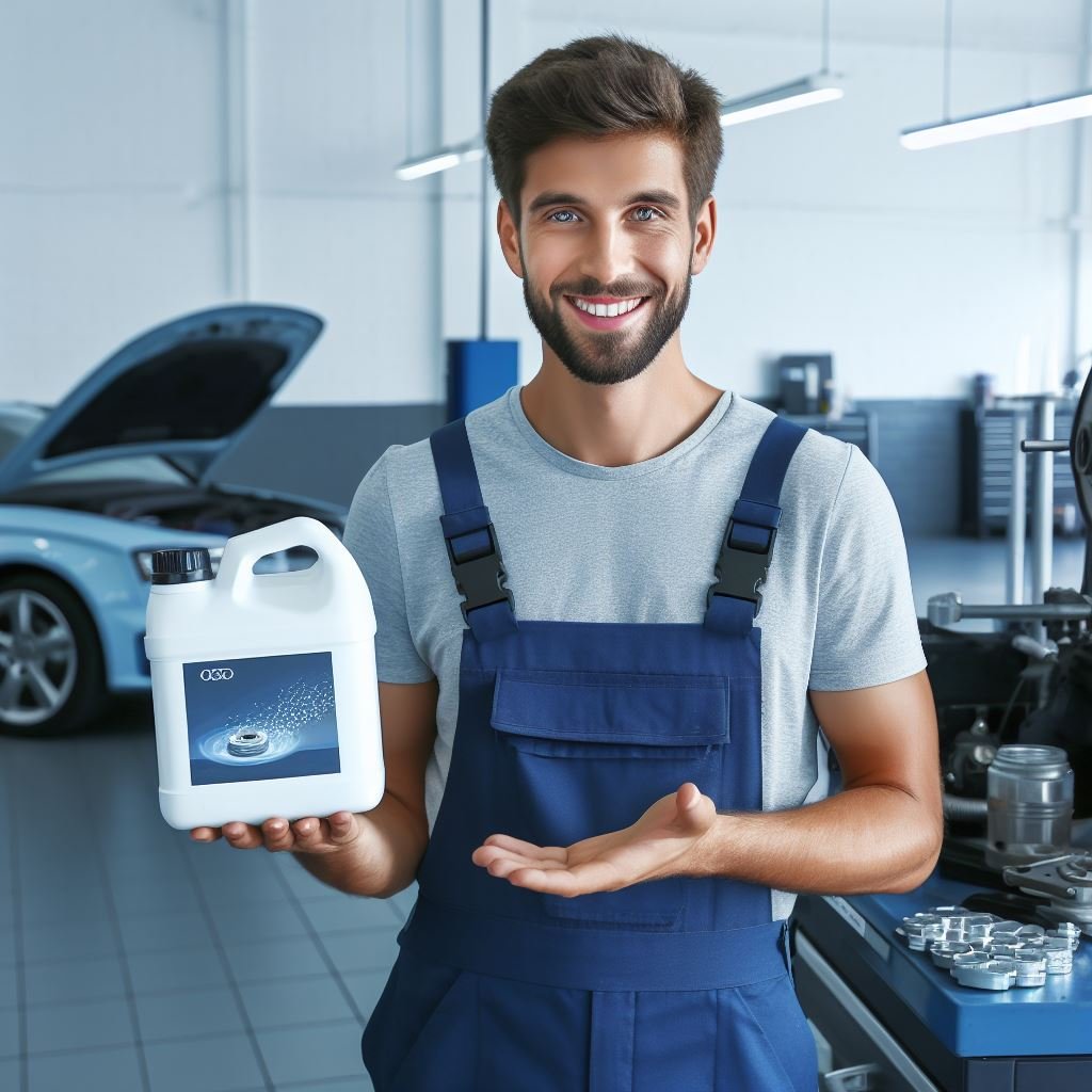 A mechanic in a garage, wearing a friendly smile and holding a brake fluid container, explaining the importance of changing Audi brake fluid to a customer. The garage is well-lit and filled with tools, giving a sense of expertise and professionalism—suggested Color Palette: Shades of blue and gray against a clean white background.