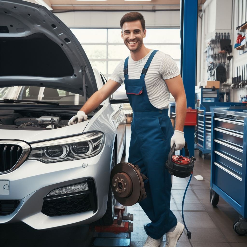 A mechanic in a clean and organized garage, smiling as they change the brake fluid in a BMW 5 Series. The car is lifted on a hydraulic lift with tools and equipment neatly arranged on a workbench. Suggested Color Palette: Shades of blue and grey with pops of red from the BMW logo.